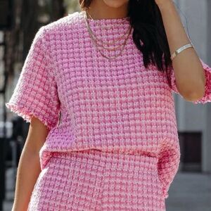 Vici Pink Tweed Fringe Short Sleeve Top. Size XL